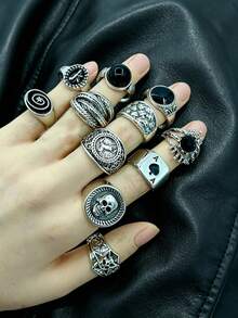 16pcs Gothic Men's Rings Set, Punk Hip Hop Multi-Piece Unisex Finger Rings, Party Vacation Daily Wear Fashion Jewelry Gift, Random Style For Men And Women - Silver - View 7
