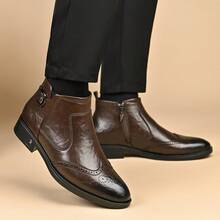 Sepatu Bot Chelsea Kulit Asli Mewah Pria Musim Gugur/Dingin, Setinggi Mata Kaki, Model Slip-On Premium, Tali Gesper, Ujung Sepatu Berukir, Cokelat, Gaya Dasar - Coklat - View 3