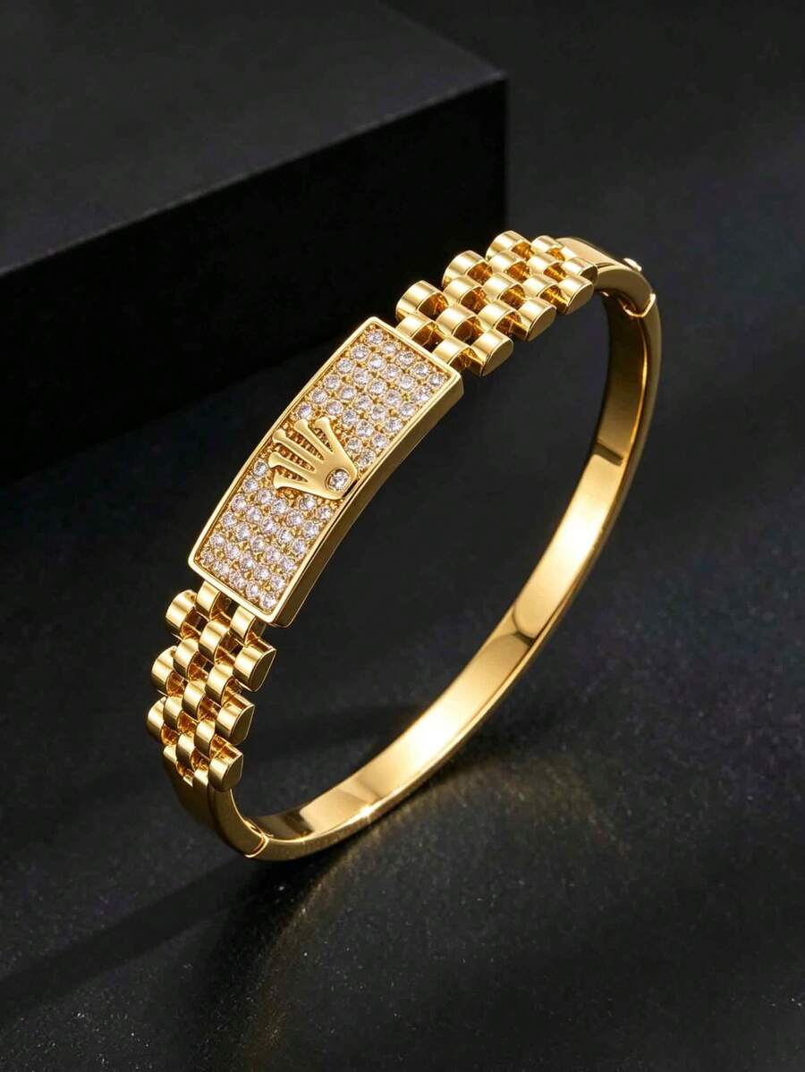 1pc Unisex Versatile Watch Style Pave Bangle, 18K Gold Plated Stainless Steel, Daily Wear Gift For Men & Women - Gold - View 1