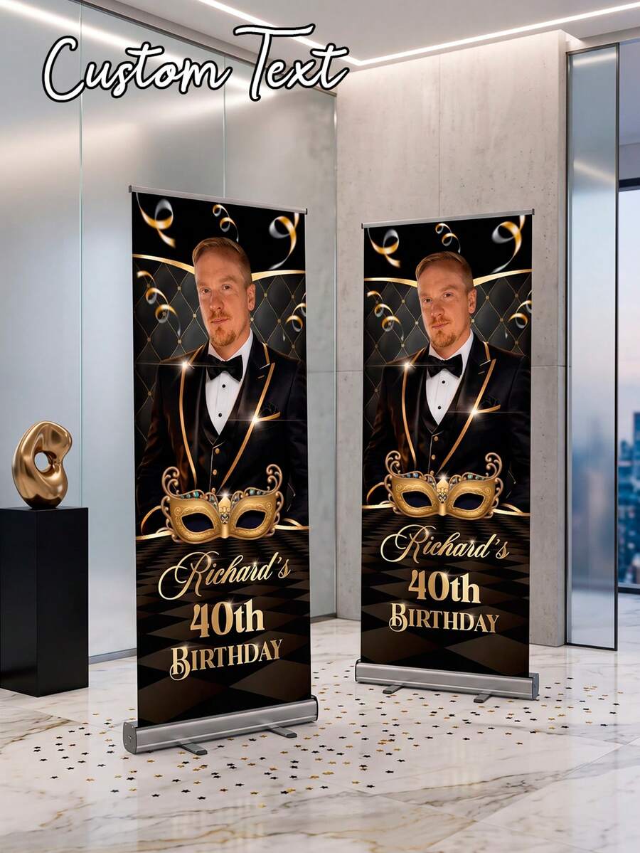 1pc Customizable Banner, Personalized Vertical Promotional Banner, Personalized Photo Polyester Fiber Banner, Personalized Birthday Poster/Portrait With Photo, Birthday Sign, Elegant Display, Customized Photo Printing, Personalized Triple Telescopic Banner - Suitable For Weddings, Birthdays, Anniversaries, Graduations, Indoor/Outdoor Events, Retail Promotions And Event Signage, Modern Style, High-Quality Printing. Suitable For Indoor, Garden, Fence Use, Perfect Party Decoration Choice For Various Occasions. - Multicolor - View 1