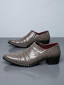 1 Pair Men's Pointed Toe Low-Top Rivet Crocodile Pattern PU Upper Rubber Sole Slip-On Comfortable Business Casual Shoes For Office And Daily Wear - Grey - View 2