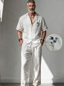 GOLDREDY Bird & Floral Print Linen Men's Breathable Collared Shirt And Drapey Floor-Length Wide Leg Pants Beach Casual 2 Pieces Set - White - View 5