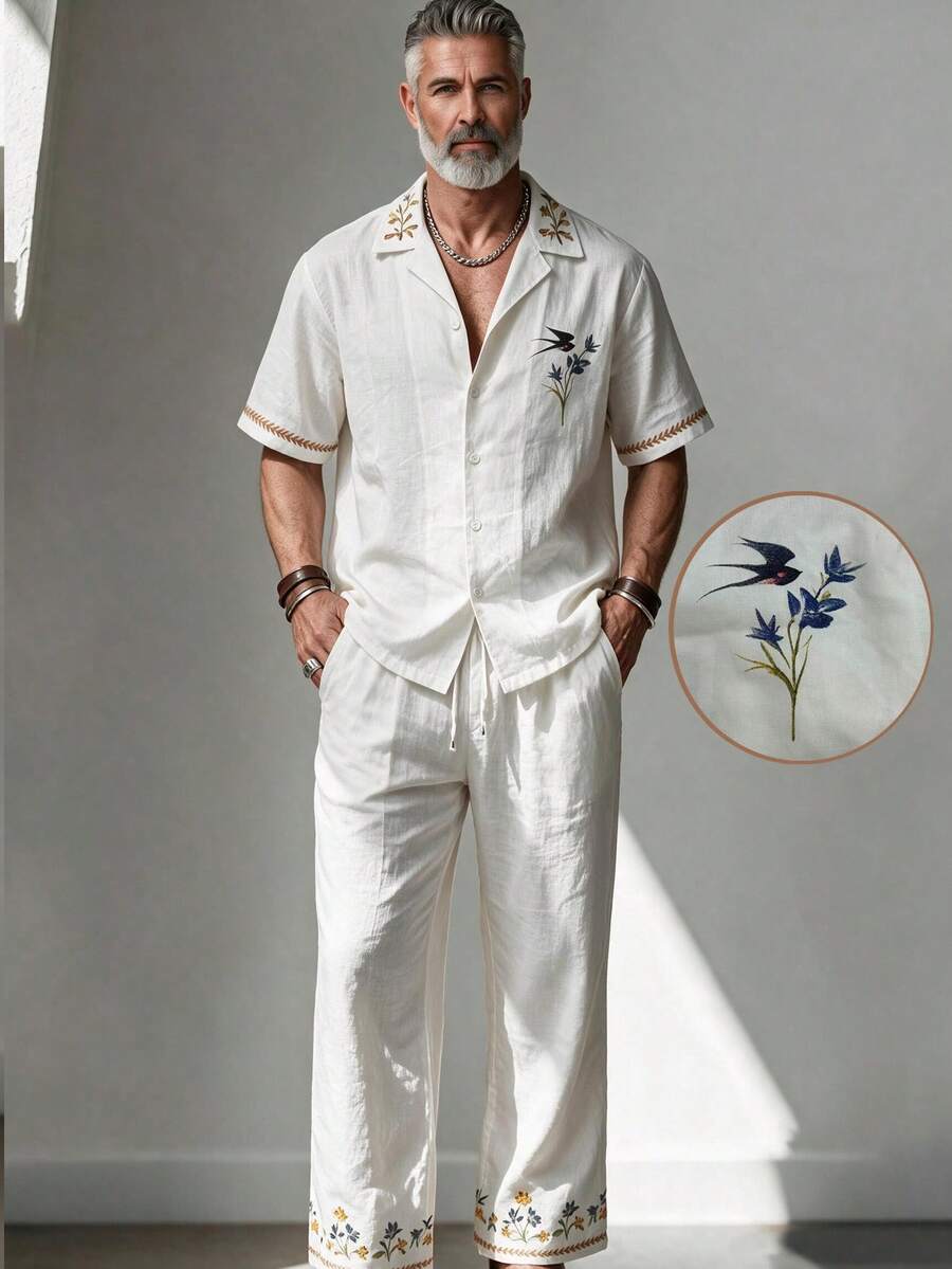 GOLDREDY Bird & Floral Print Linen Men's Breathable Collared Shirt And Drapey Floor-Length Wide Leg Pants Beach Casual 2 Pieces Set - White - View 1