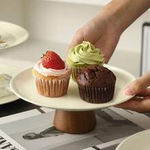 1 Set Stainless Steel Cream White Tray With Wooden Base, Multi-Functional Tray, Candy Tray, Cake Tray - Wooden Stand, White Stainless Steel Tray - View 10