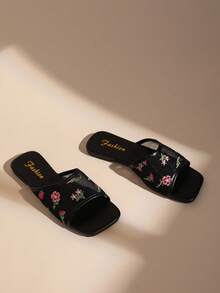 French Floral Mesh Square Toe Flat Slip-On Sandals For Women, Summer Outdoor Fairy Style Vacation Slippers - Black - View 4
