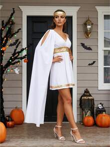 Greek Goddess Costume Side Long Drape Dress Arm Cuff And Headband 3 Pcs Set - White - View 1