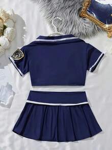 1pc Solid Color Polyester (Polyester) College Style Women's Outfit, Uniform Set, Cosplay Navy Style Uniform 3-Piece Set, Christmas New Year Party Costume - Blue - View 2