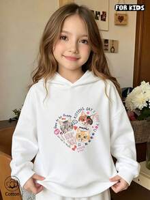 Children's Cartoon Cat Love Printed Hooded Sweatshirt - Soft And Breathable, Loose Fit, Long Sleeved Pullover, Suitable For Men And Girls To Wear - White - View 3