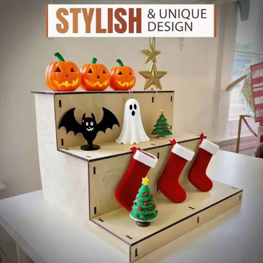 Rak Pajangan Kayu 3 Tingkat, Rak Pajangan Bertingkat yang Dapat Dipasang, Rak Penyimpanan Multi-Lapisan untuk Meja, Untuk Dekorasi Mini Halloween dan Natal, Figur dan Boneka Kecil - MultiWarna - View 1