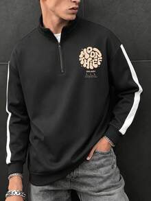Men's Autumn/Winter Classic Patchwork Loose Drop Shoulder Zip-Up Collar Sweatshirt, Fashionable Essential Outfit Piece, Galaxy Series Element Design With Fashion Print - Black - View 3