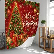 1pc/4pcs Christmas Red Christmas Tree Gift Multi-Function Bathroom Decor Shower Curtain Set, Free 12 Hooks, Premium Holiday Atmosphere, Bathroom Mat, U-Shaped Floor Mat And Round Toilet Lid Cover, Suitable For All Christmas Scenes Decoration - Christmas Tree - View 2