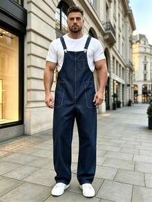 Men's Raw Denim Dungarees Contrast Stitch Straight Leg Overalls - Navy Blue - View 9