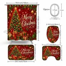 1pc/4pcs Christmas Red Christmas Tree Gift Multi-Function Bathroom Decor Shower Curtain Set, Free 12 Hooks, Premium Holiday Atmosphere, Bathroom Mat, U-Shaped Floor Mat And Round Toilet Lid Cover, Suitable For All Christmas Scenes Decoration - Christmas Tree - View 10