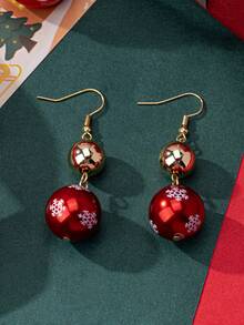 2pcs Christmas Cartoon Oil Drop Snowflake Ball Pendant Earrings Red & Green Color Block Party Girls Earrings - Multicolor - View 2