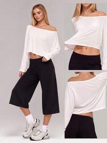 Sodalemon Women's Drop Shoulder Fitness Yoga Long Sleeve T-Shirt, Loose Casual Sports Workout Top, Running Training Cover-Up - White - View 8