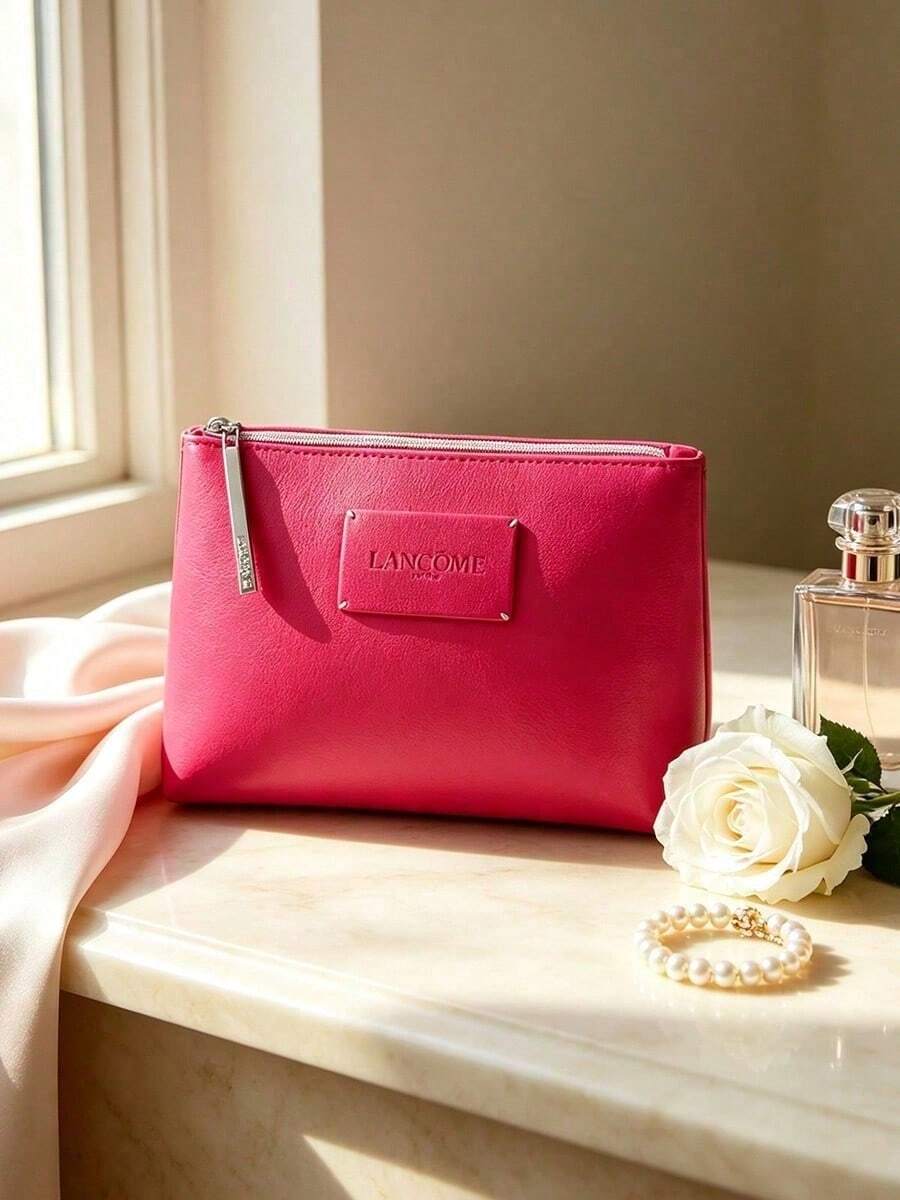 Lancôme Lancome Bright Pink Faux‑Leather Cosmetic Pouch With Brand Label, Multi‑Purpose Travel Makeup Storage Bag, Portable And Durable, For Personal Use And Gift Giving, LANCOME‑GIFT‑16 - Hot Pink - View 1