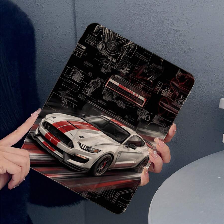 1PC White Mustang Racing Car Print Tablet Case 3+Y Fold Multi-Angle Magnetic Stand Tablet Case With Pen Slot & Auto Sleep/Wake Protective Cover, Compatible With IPad PRO/AIR, Compatible With SAMSUNG,Compatible With XIAOMI Pad 5/6/21,Compatible With Oppo Pad,Compatible With Huawei Matepad,Compatible With Honor Pad - Multicolor - View 1