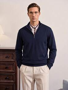 VeloEdit Men's Solid Color Long Sleeve Casual Zip-Up Stand Collar Sweater, Autumn/Winter Fall Winter - Navy Blue - View 1