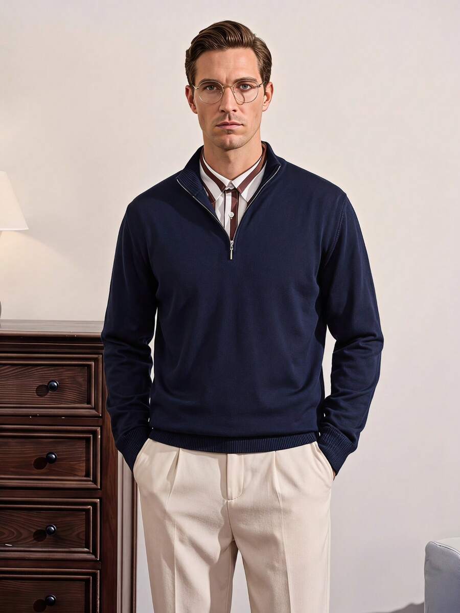 VeloEdit Men's Solid Color Long Sleeve Casual Zip-Up Stand Collar Sweater, Autumn/Winter Fall Winter - Navy Blue - View 1