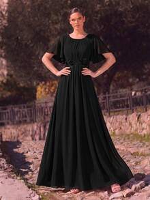 EVERPRETTY Elegant Applique Ruffle Sleeve Pleated Black Chiffon Bridesmaid Dress, Formal Wedding Guest Maxi Dress - Black - View 1