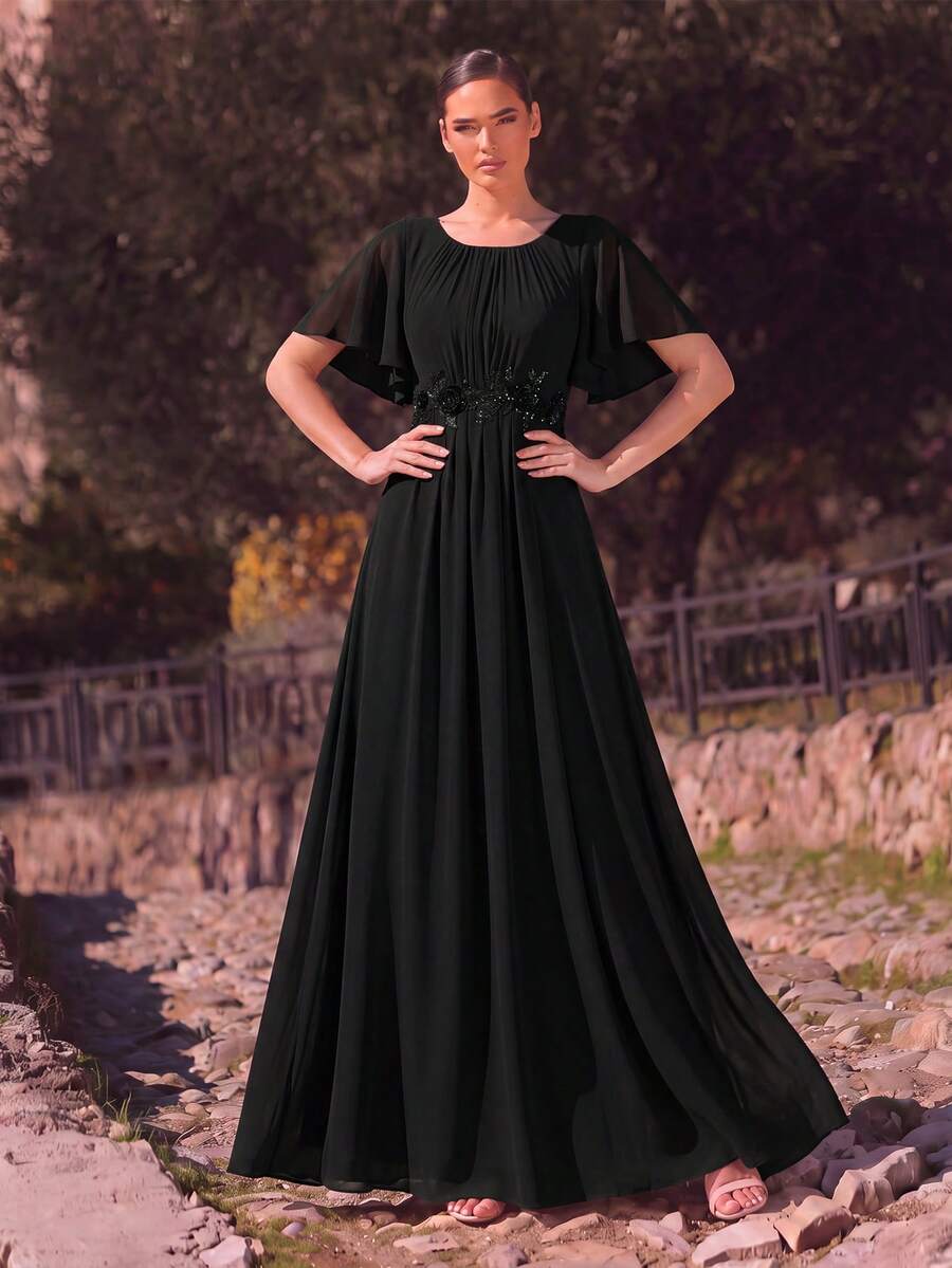 EVERPRETTY Elegant Applique Ruffle Sleeve Pleated Black Chiffon Bridesmaid Dress, Formal Wedding Guest Maxi Dress - Black - View 1