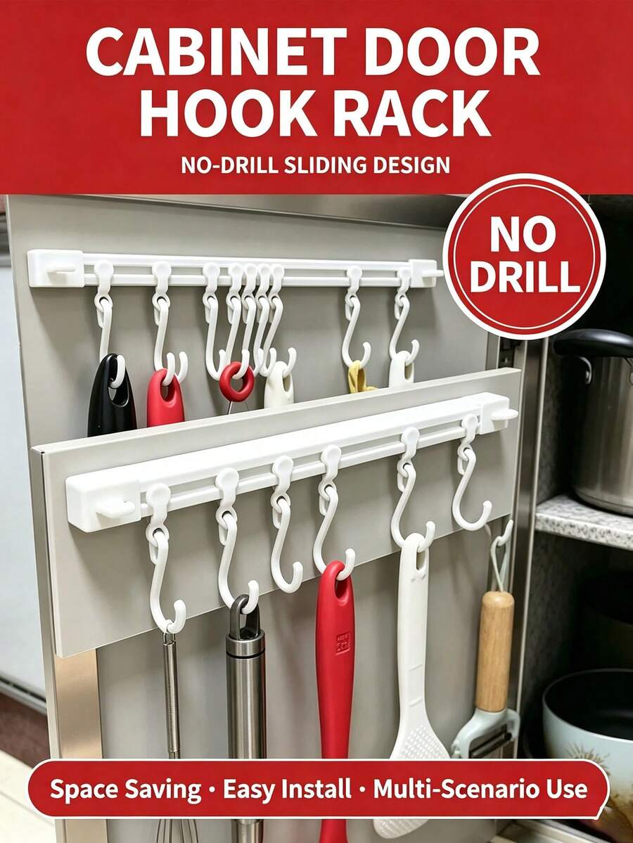 Kitchen Rail Hook Rack With Hooks, No Drilling Required, Hanging Pot Rack For Kitchen, Bathroom And Office, Sliding Multi-Functional Wall-Mounted Storage - View 1
