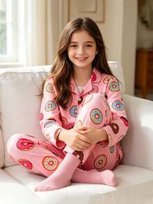 Tween Girl Fashion Casual Comfortable Cute Skin-Friendly Colorful Donut Digital Print Long Sleeve Cardigan & Pants Set, Suitable For Autumn/Winter Home & Daily Wear - Pink - View 12