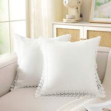 ABEST6522 Home&Living store 1pc 100% Polyester Lace Trim Pillow Case, Faux Linen Texture Solid Color Cushion Cover, Square Rectangle Suitable For Sofa, Bedroom, Living Room Home Decor, Pillow Insert Not Included - White - View 3