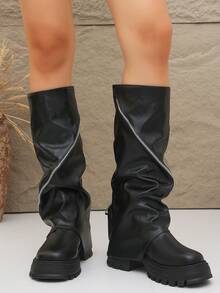 Women's Loose Fit Knee-High Thick Sole Boots With Zipper Detail - Black - View 4