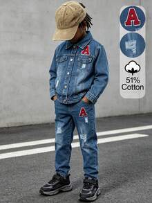 2pcs Tween Boys Autumn/Winter Vintage Street Style A-Embroidered Denim Jacket With Simple Slim Fit Distressed Jeans, Suitable For Outdoor Street Fashion - Dark Wash - View 4