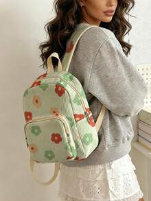 1 Piece Backpack, Women's Mini Backpack, Corduroy Girl's School Bag, Travel Storage Bag, Flower‑Printed Design, Large‑Capacity Foldable Easy‑To‑Store Bag, Lightweight And Pressure‑Relieving, Multi‑Pocket Layered Design With Zipper Closure - Cartoon Flower 22967 - View 2