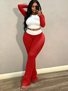 Women's Casual Round Neck Long Sleeve Colorblock Patchwork T-Shirt And Waist Pleated Flare Pants Set, Spring Outfit Elegant - Red - View 1