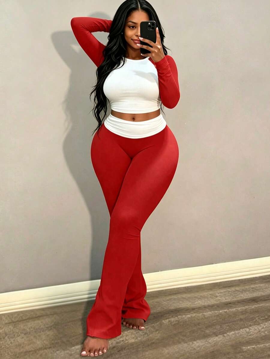 Women's Casual Round Neck Long Sleeve Colorblock Patchwork T-Shirt And Waist Pleated Flare Pants Set, Spring Outfit Elegant - Red - View 1