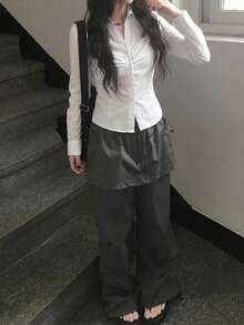 Korean Style Slim Fit Flattering Collar Waist-Cinching Versatile Short Sleeve Shirt - White - View 4