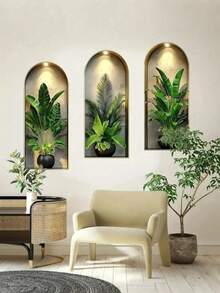 3pcs Arched Niche Green Plant Wall Sticker, 2D Waterproof Self-Adhesive Tropical Plant Wall Niche Art Sticker, Suitable For Living Room, Entryway, Wall Decor And Home Decor. - A - View 3