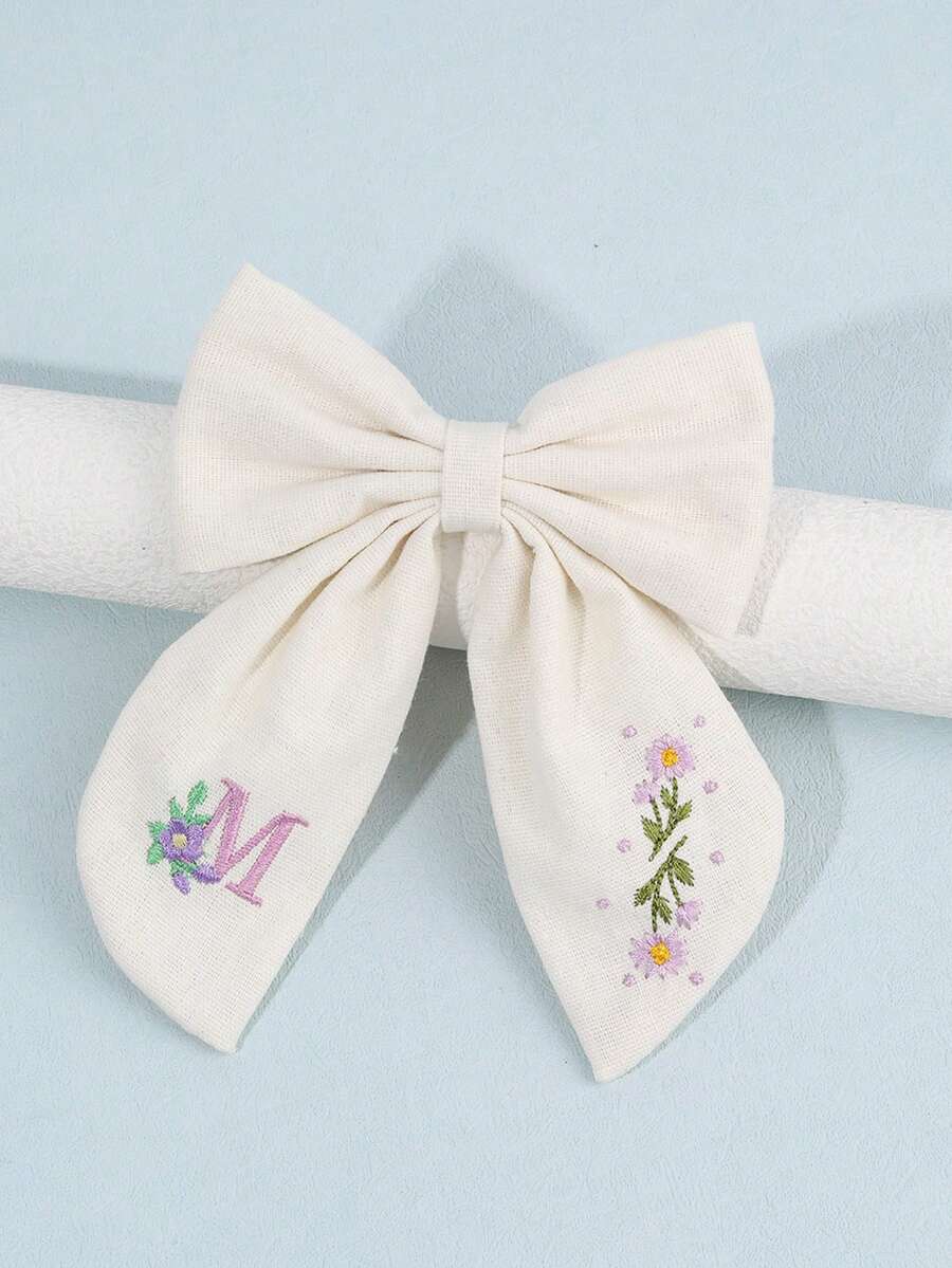 1 pieza Clip para el cabello con lazo de tela blanca con el alfabeto 26 para niñas, pasador de cabello bordado con flores, accesorio elegante para el cabello de niños, adecuado para uso diario, regalo para fiestas - Multicolor - Ver 1