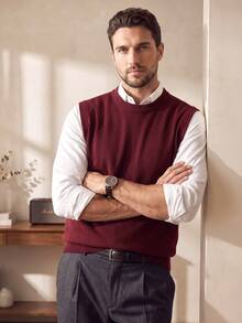 Men's Crew Neck Solid Colored Knit Sweater Vest, Autumn/Winter - Burgundy - View 5