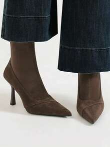 Women's Minimalist Office Style Flared Heel Pointed Toe Elastic Sock Ankle Boots - Coffee Brown - View 4