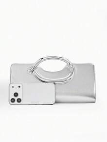 Minimal Evening Clutch, Long Rectangular Hard Frame Bag, PU Leather, Curved Silver Ring Handle, Women Stylish Handbag For Wedding & Evening Banquet - Silver - View 6