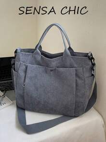 Multi-Pocket Layered Structure Large Capacity Loose Tote Bag, Minimalist Casual Style, Suitable For Students, Commuting And Daily Outings, Low-Key Practical Shoulder Bag - Grey - View 9