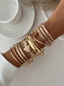 11pcs Vintage Elegant Fashion Metal Flower Bracelet Set, Multi-Piece Stackable Arm Bands, Suitable For Women's Daily, Party, Vacation And Various Occasions - Yellow Gold - View 4