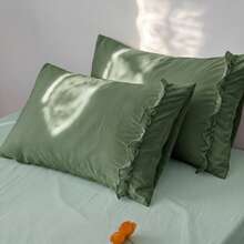 1pc/2pcs Solid Army Green Pillowcase With A Bow And Ruffle Trim (Without Insert), Polyester Fiber Comfortable And Breathable Suitable For All Seasons, Applied To Bedroom Scenes And Home Decoration, Simple Classic Style, Cozy Bedding, Home Decor - Army Green - View 23