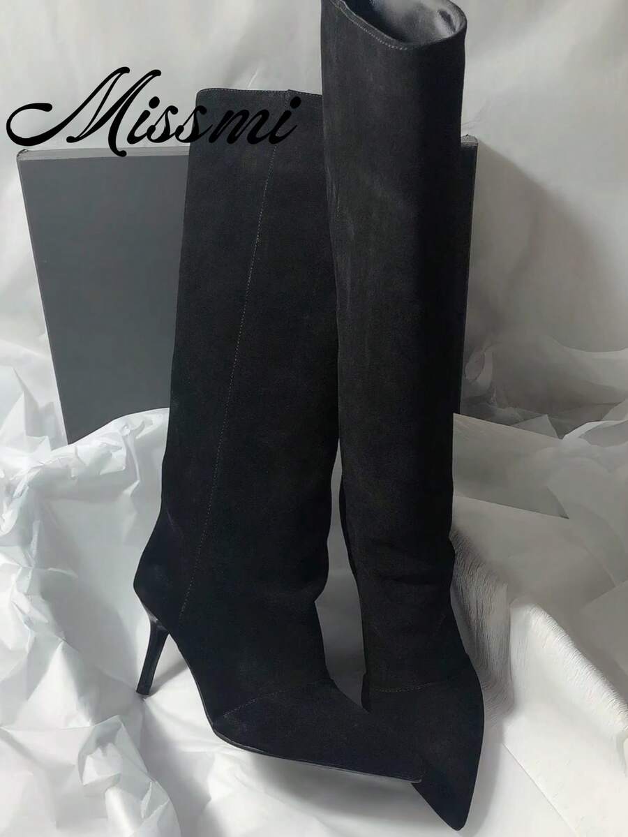 French Blogger Style Pointed Toe Wide Shaft Knee-High Boots, Nordic Kitten Heel Riding Boots For Women
