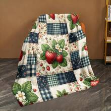 1pc Soft & Comfortable Flannel Blanket With Strawberry Pattern, Warm Throw Blanket, Multi-Color, Suitable For Bed, Sofa, Camping, Travel, With Border, Perfect Halloween & Christmas Gift - Multicolor - View 5