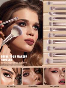 34 Pcs All In One Makeup Collection, 30 Pcs Stylish Milk Tea Champagne Flat Base Makeup Brushes, 4 Pcs Assorted Makeup Supplies, Abundant Brush Types Meet Professional Makeup Demands For Beauty Enthusiasts Daily Practice. - Multicolor - View 2