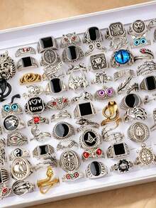 15 Pcs Vintage Gothic Punk Rings Set, Antique‑Silver Animal Claw Dragon Carved Black Oil Drop Red Rhinestone Stackable Finger Rings For Men - Vintage Engraved Drip Ring - View 2