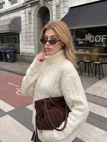 JustMiss Women's High Neck Long Sleeve Knitted Drop Shoulder Loose Fit Vintage Lazy Pullover Sweater, Autumn/Winter - Apricot - View 6