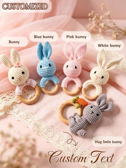 Handmade Crochet Pointy Ear Rabbit, Wooden Ring Teething Toy, Soft Crochet Animal Ornament, Commemorative Decoration, Thoughtful Gift For Teething Babies