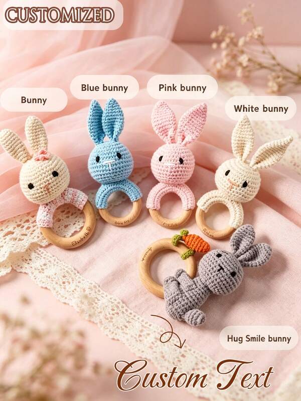 Handmade Crochet Pointy Ear Rabbit, Wooden Ring Teething Toy, Soft Crochet Animal Ornament, Commemorative Decoration, Thoughtful Gift For Teething Babies