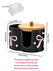 2 Grid Cotton Pad Swab Box,Cute Bow Print Makeup Organizer Box With Bamboo Lid,Desktop Cosmetic Container With Double Round Holes,For Bathroom Vanity - Multicolor - View 11